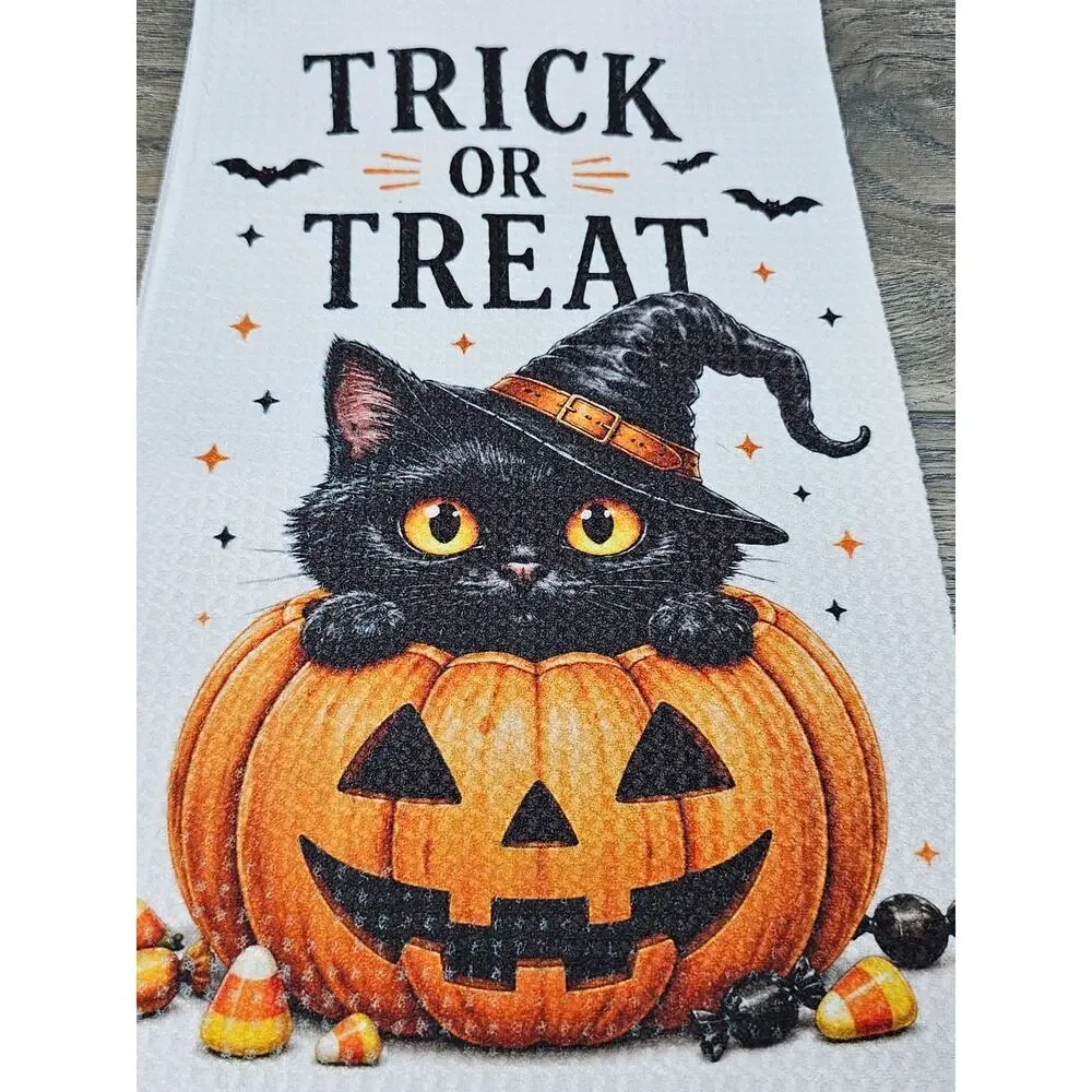 Trick or Treat Halloween Kitchen Towel Black Cat Pumpkin Farmhouse Decor